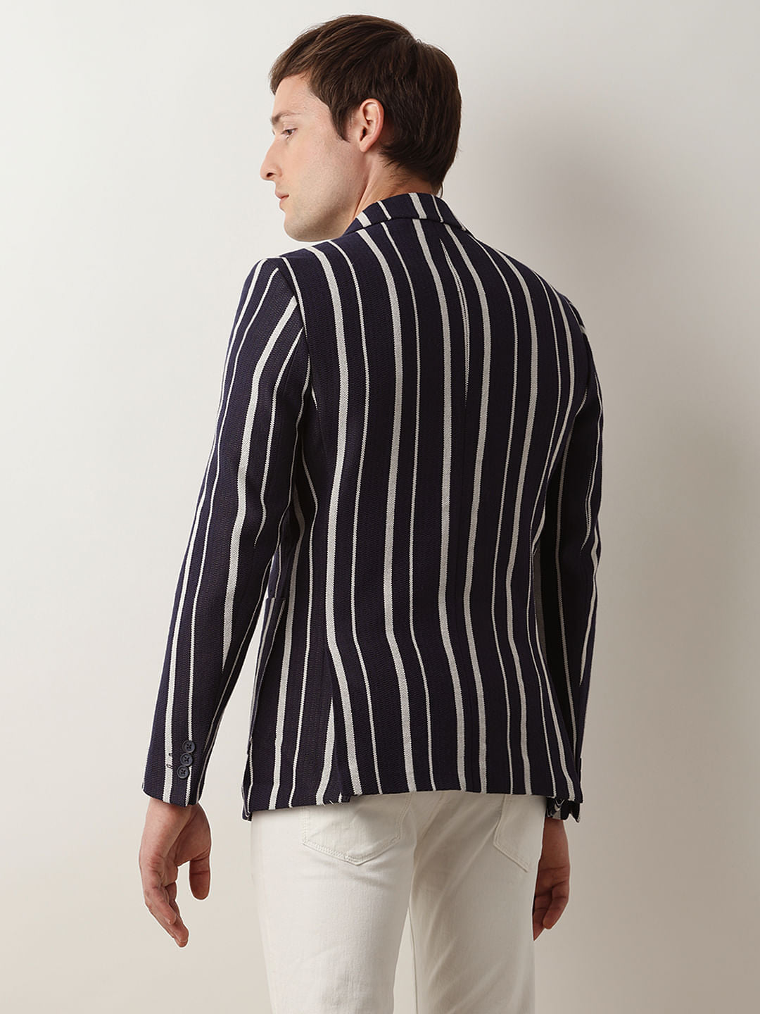 Navy Blue Striped Casual Blazer