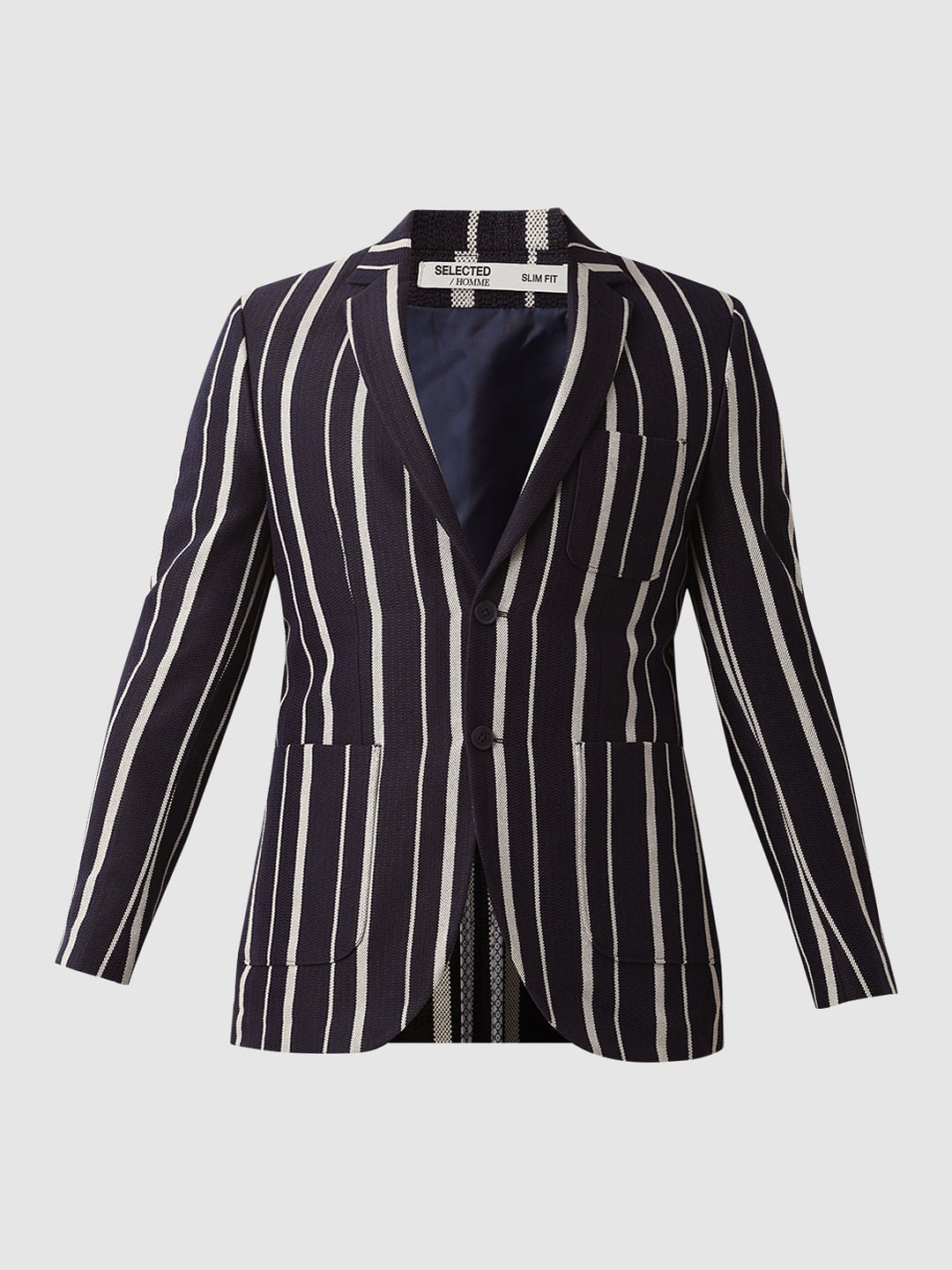 Navy Blue Striped Casual Blazer
