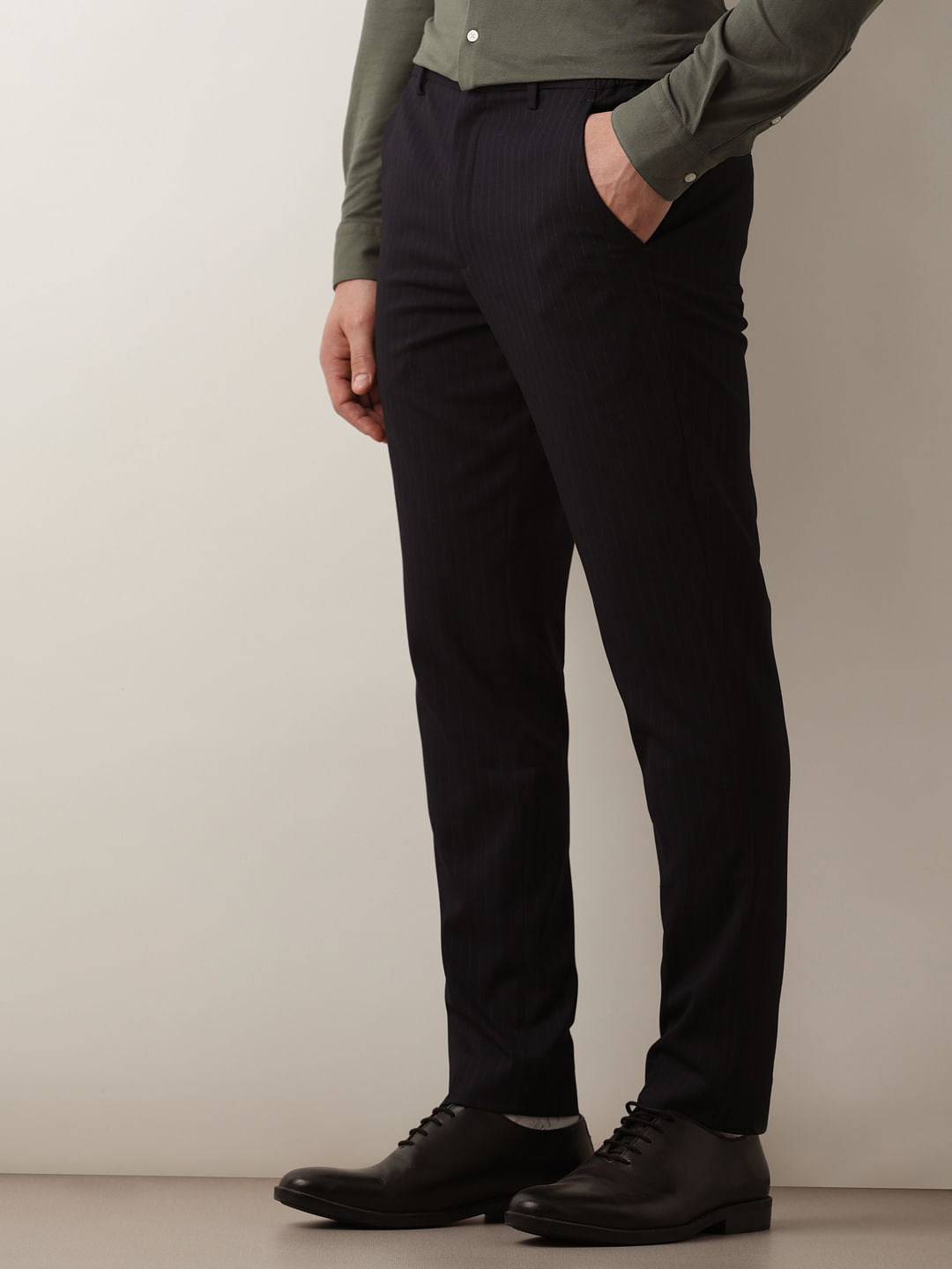 Dark Blue Striped Slim Fit Trousers