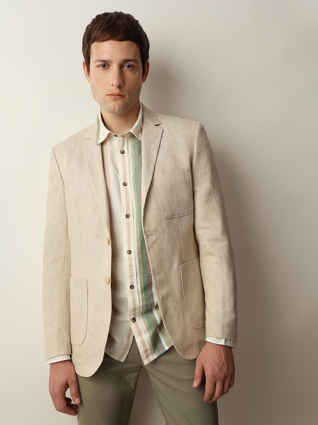 Beige Textured Linen Casual Blazer