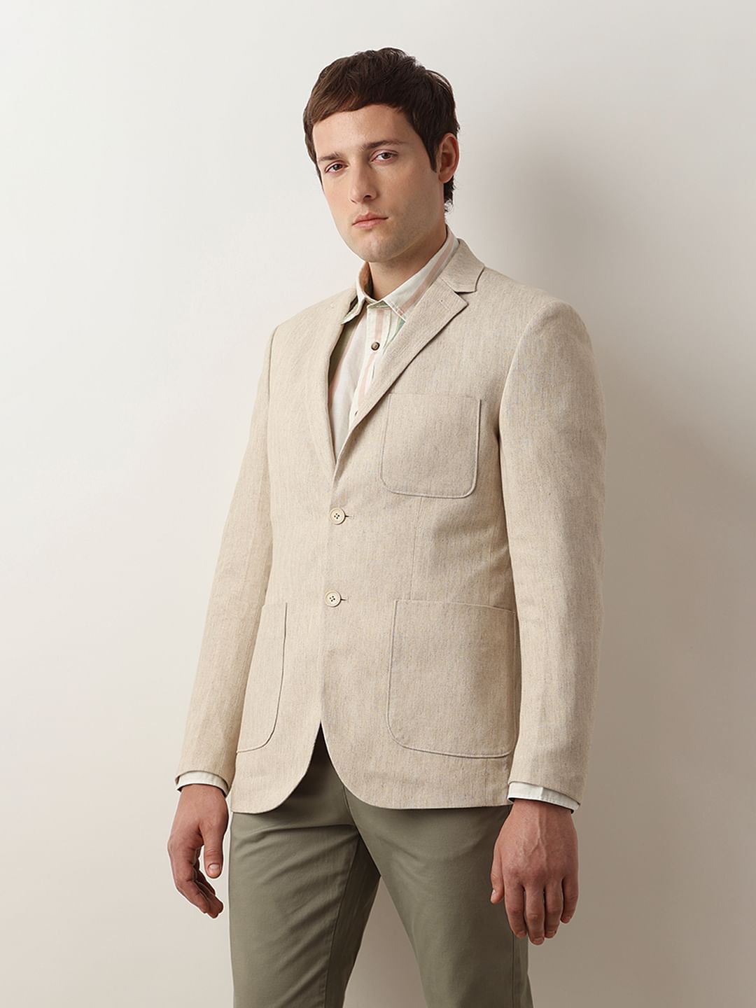 Beige Textured Linen Casual Blazer
