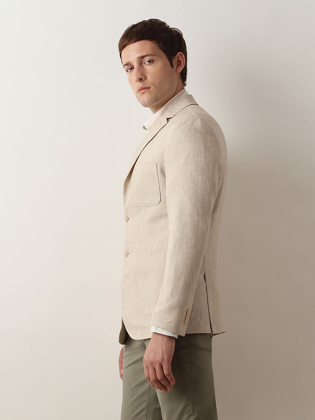 Beige Textured Linen Casual Blazer