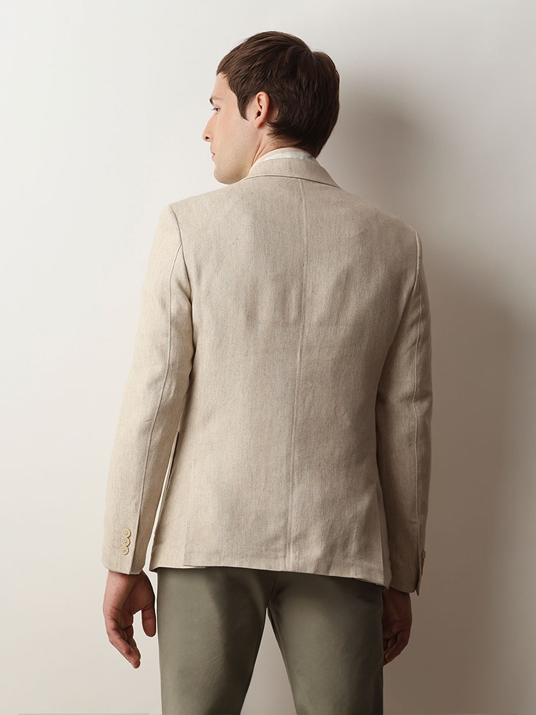 Beige Textured Linen Casual Blazer