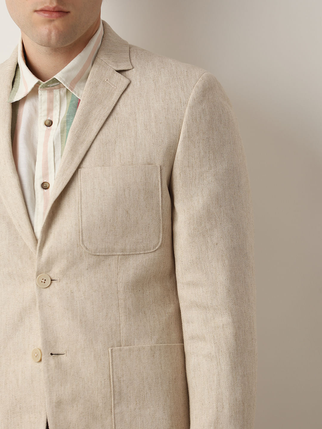 Beige Textured Linen Casual Blazer