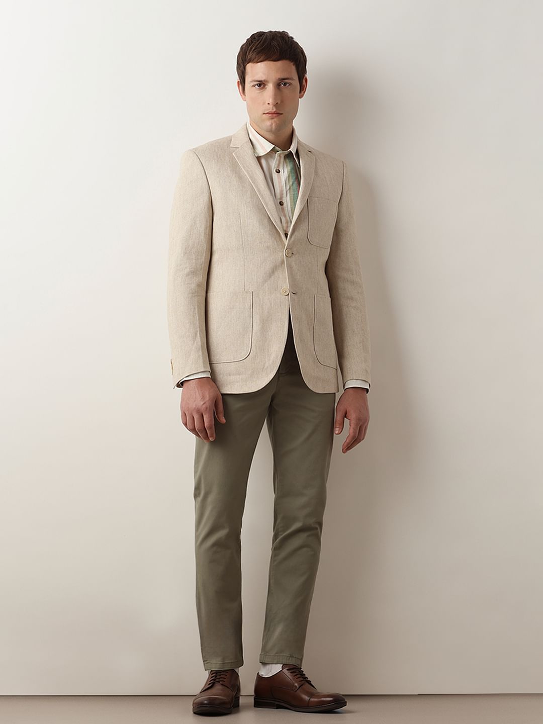 Beige Textured Linen Casual Blazer