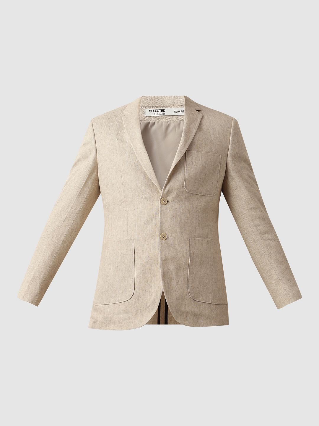 Beige Textured Linen Casual Blazer