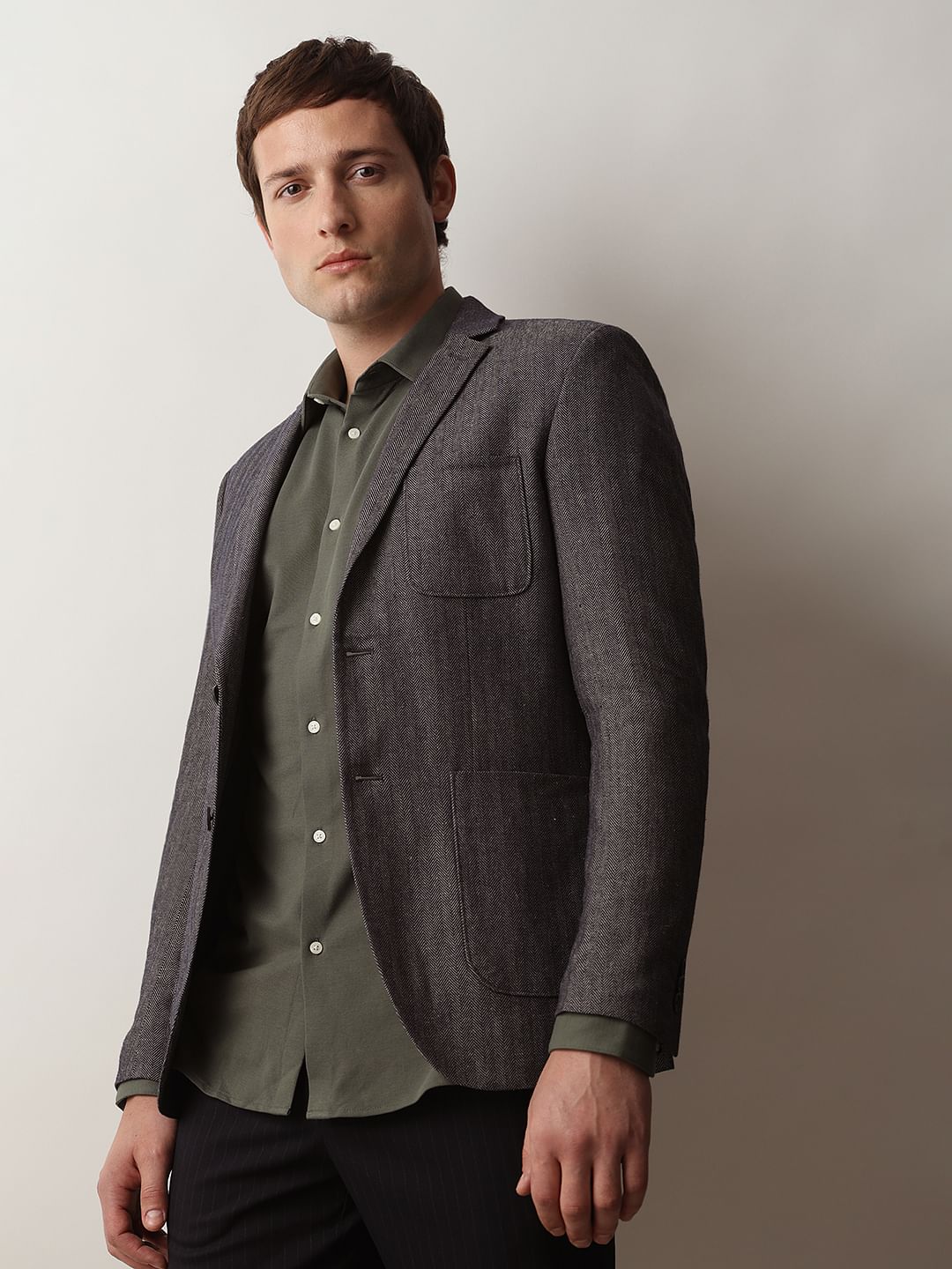 Navy Blue Textured Linen Casual Blazer