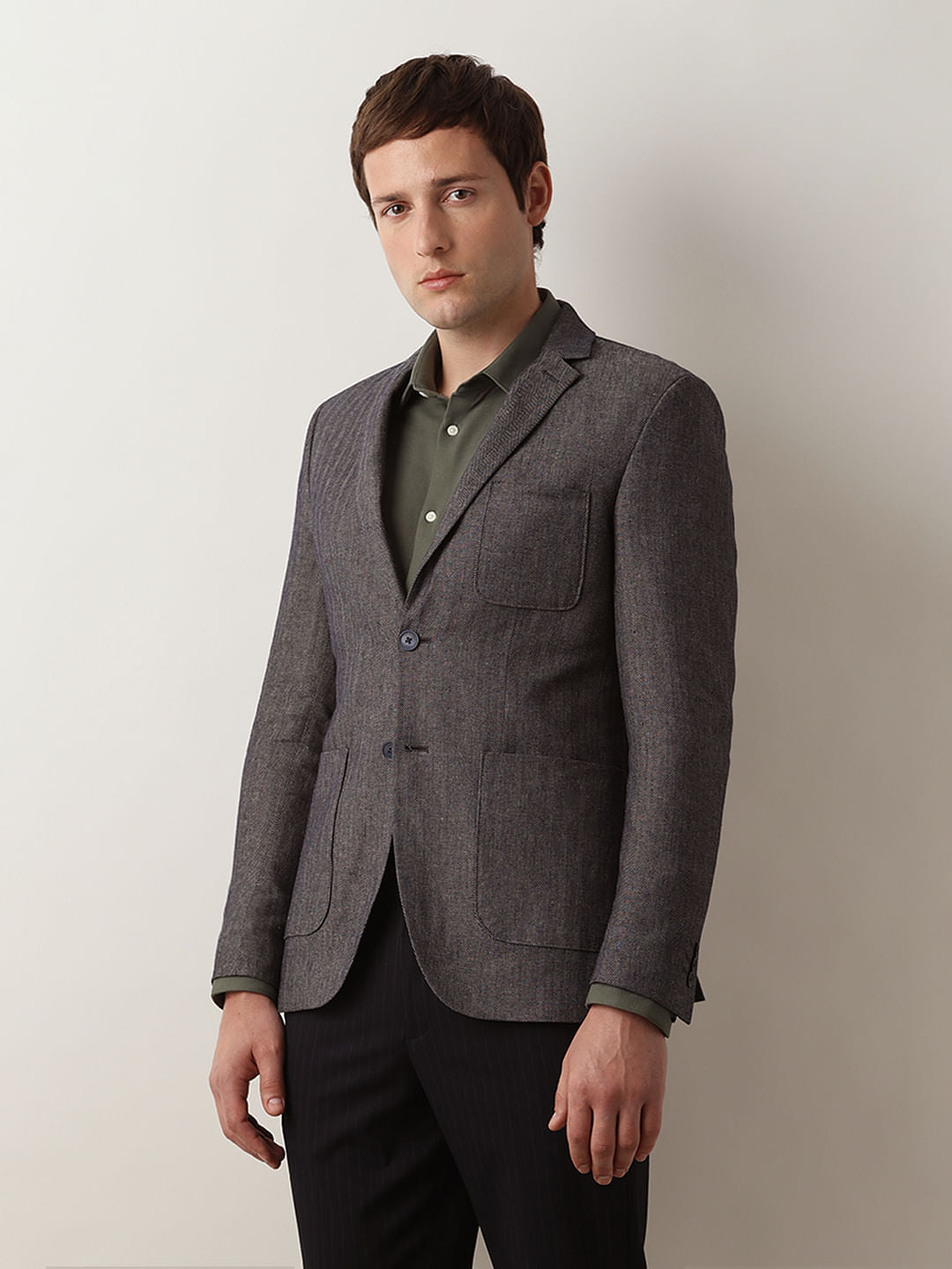 Navy Blue Textured Linen Casual Blazer