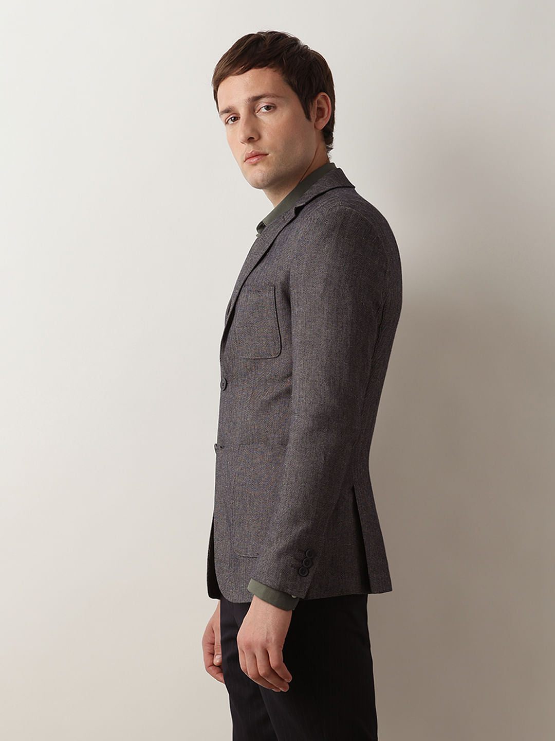 Navy Blue Textured Linen Casual Blazer
