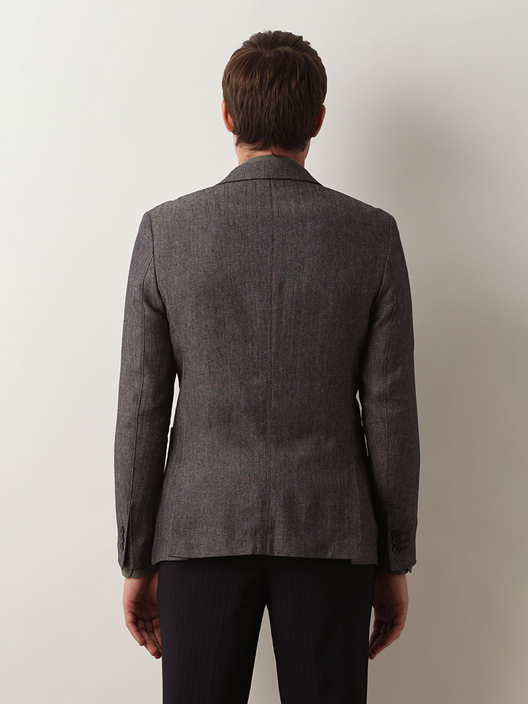 Navy Blue Textured Linen Casual Blazer