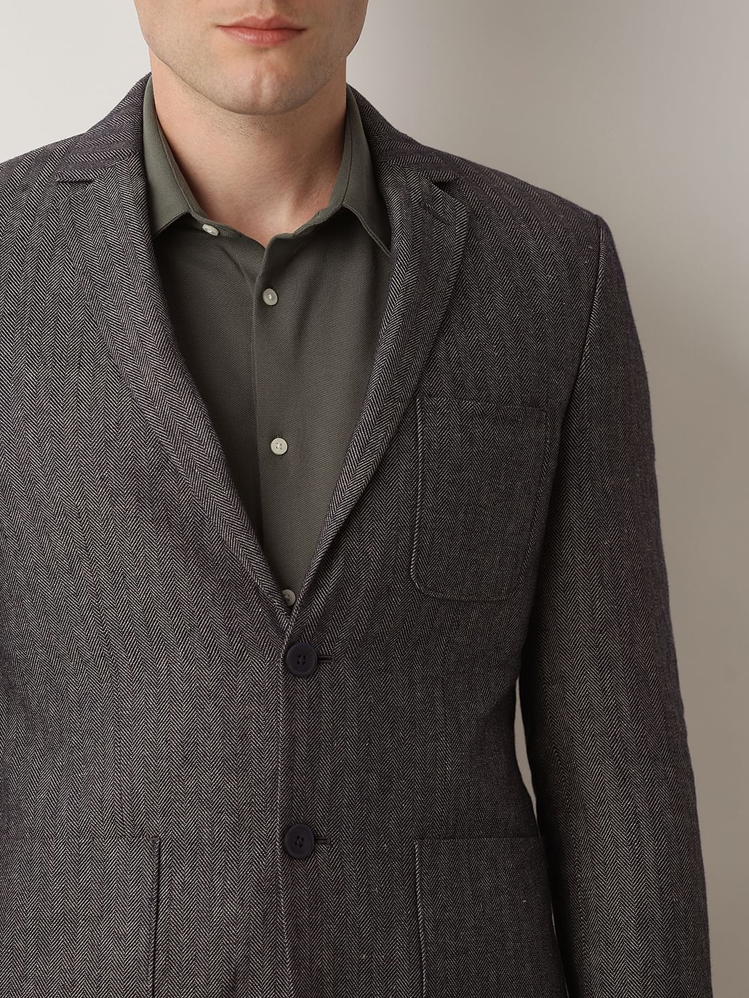 Navy Blue Textured Linen Casual Blazer