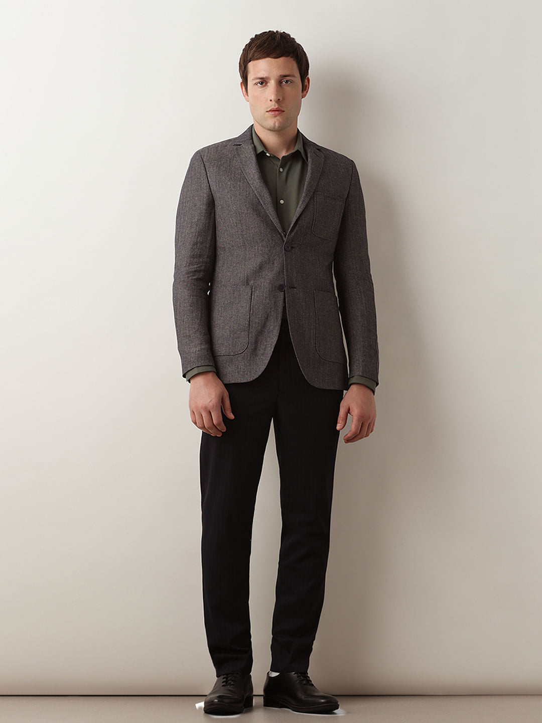 Navy Blue Textured Linen Casual Blazer