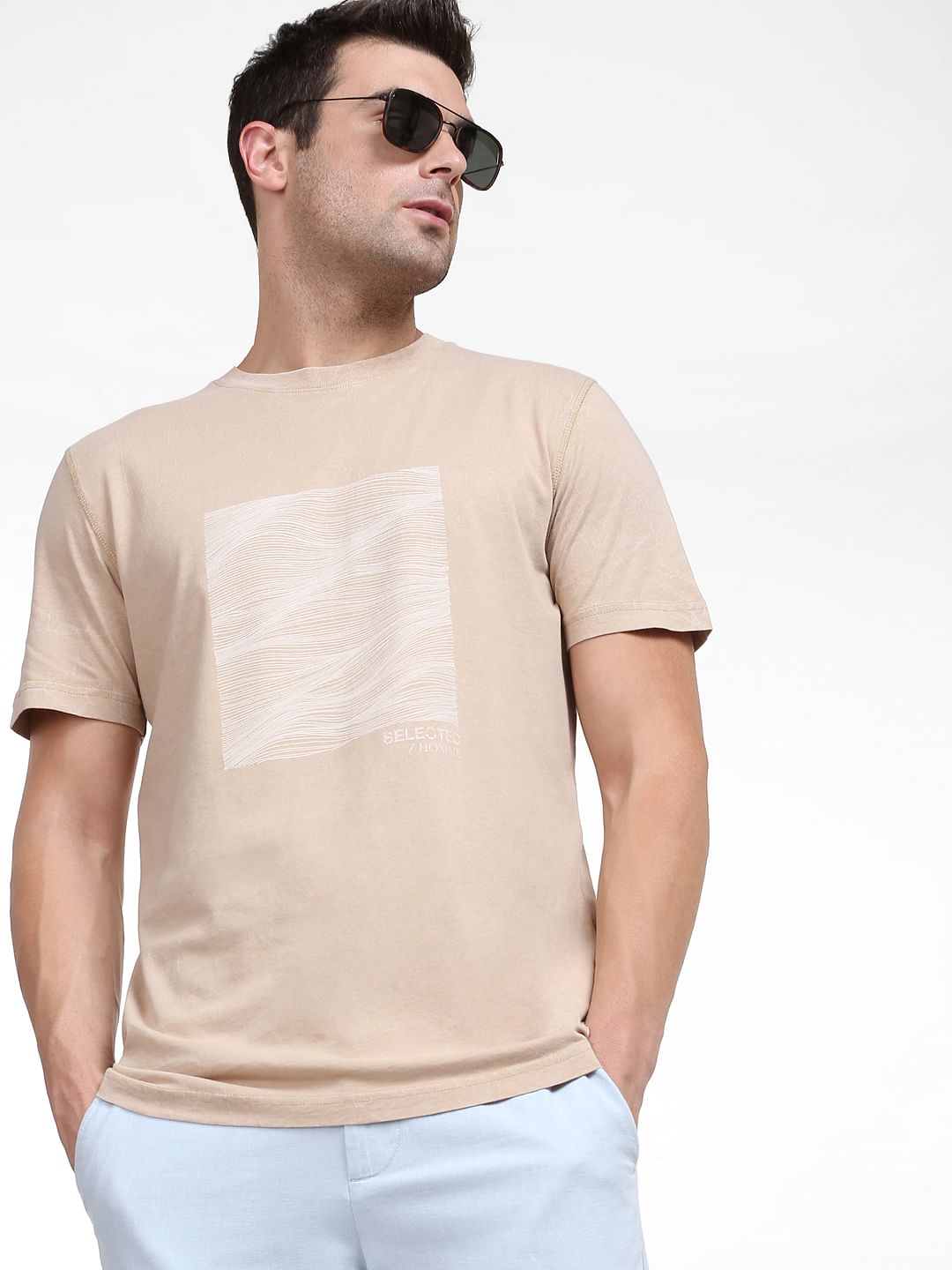 Beige Graphic Print Crew Neck T-Shirt