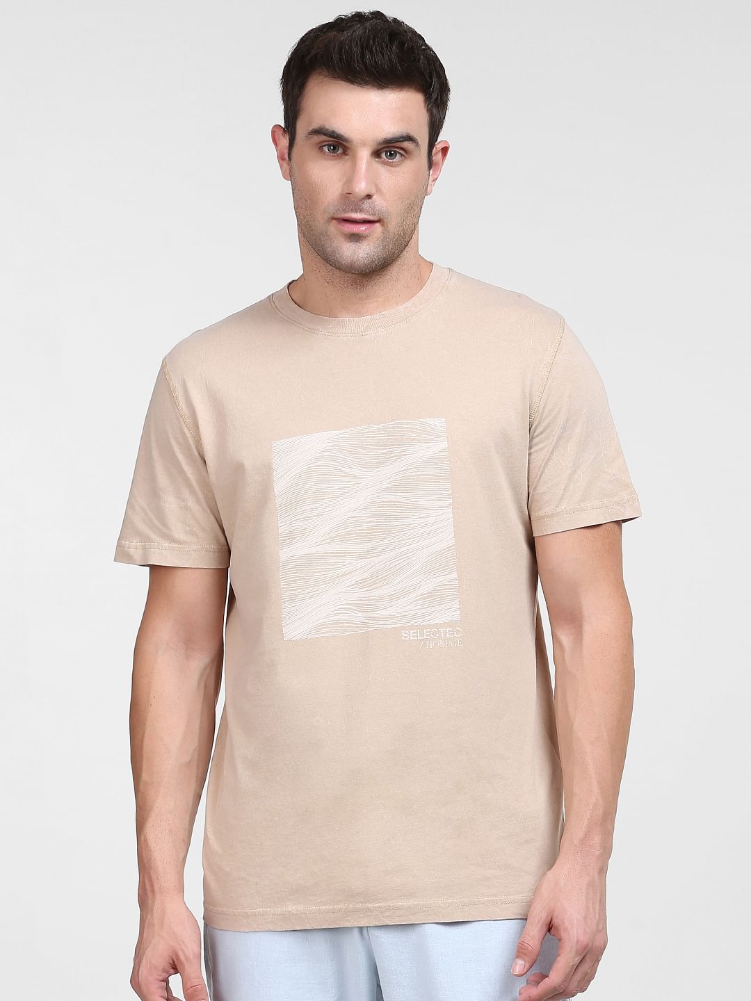 Beige Graphic Print Crew Neck T-Shirt