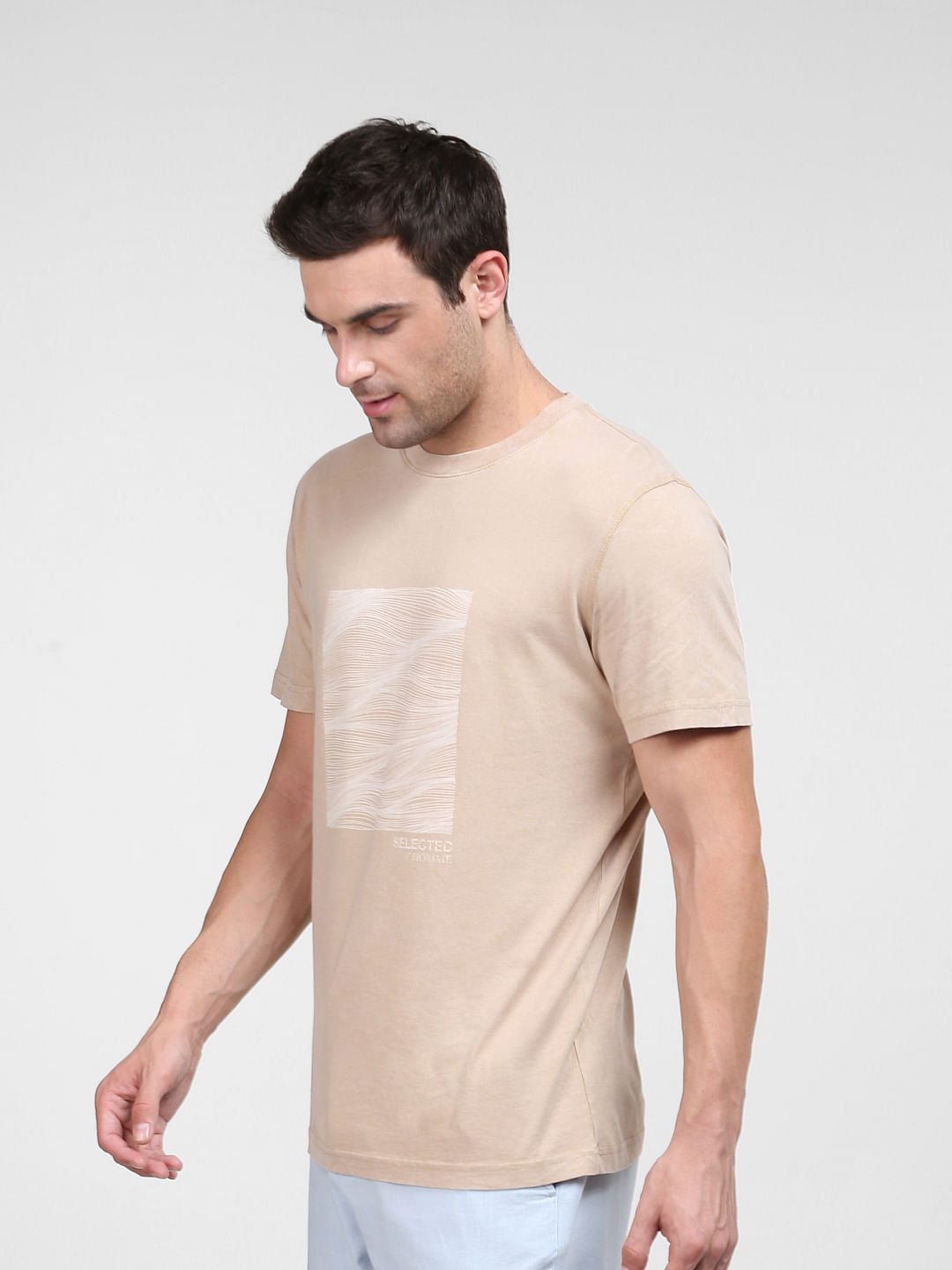 Beige Graphic Print Crew Neck T-Shirt
