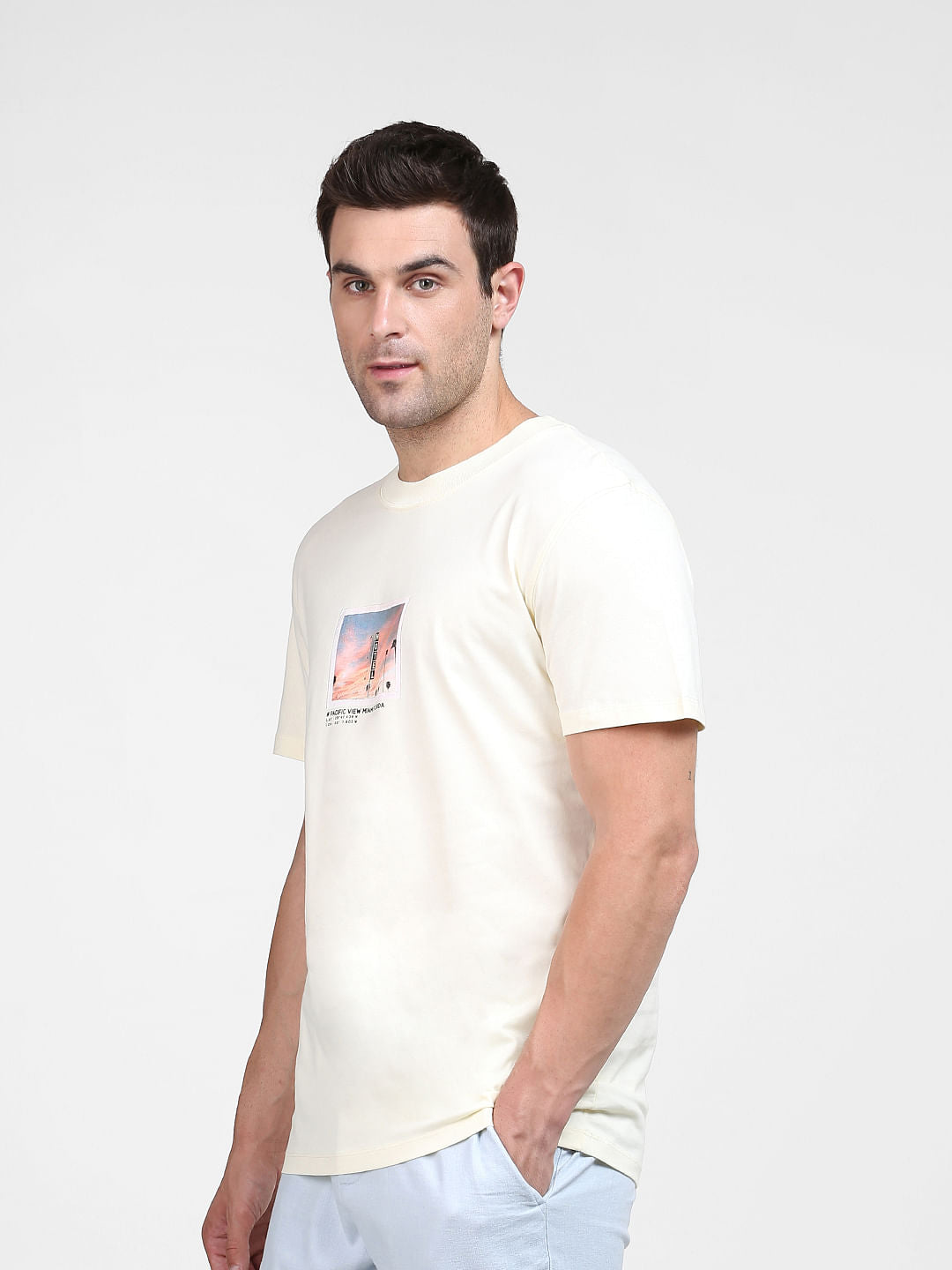 Light Yellow Graphic Print Crew Neck T-Shirt