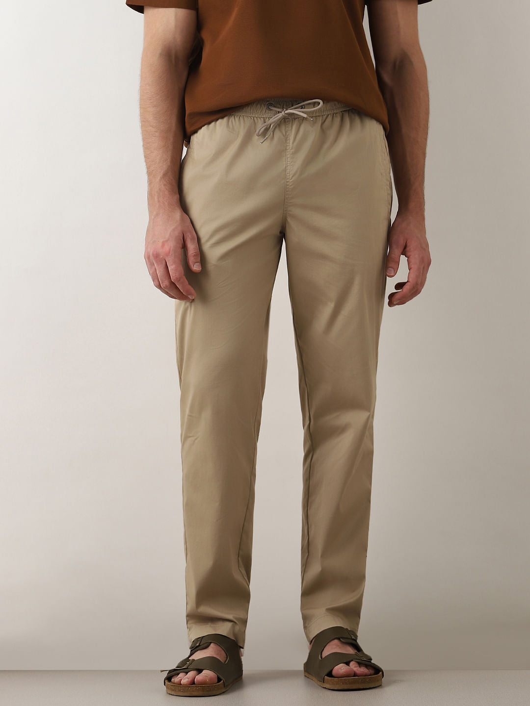 Beige Mid Rise Straight Fit Pants