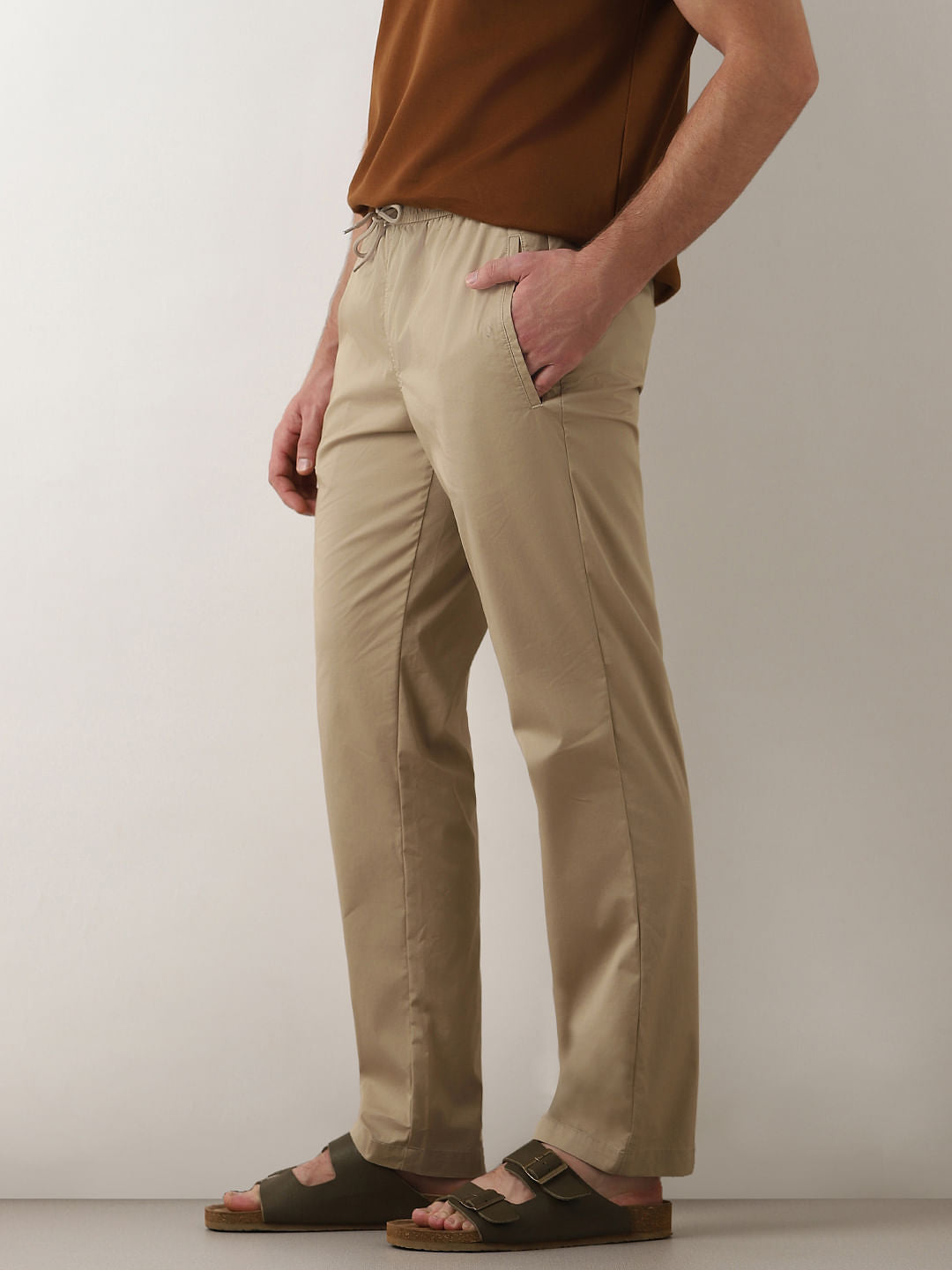 Beige Mid Rise Straight Fit Pants