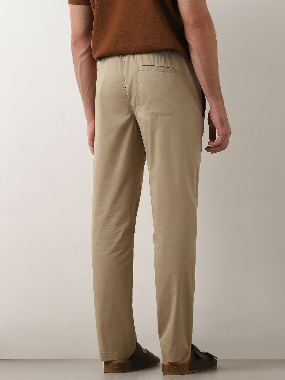 Beige Mid Rise Straight Fit Pants