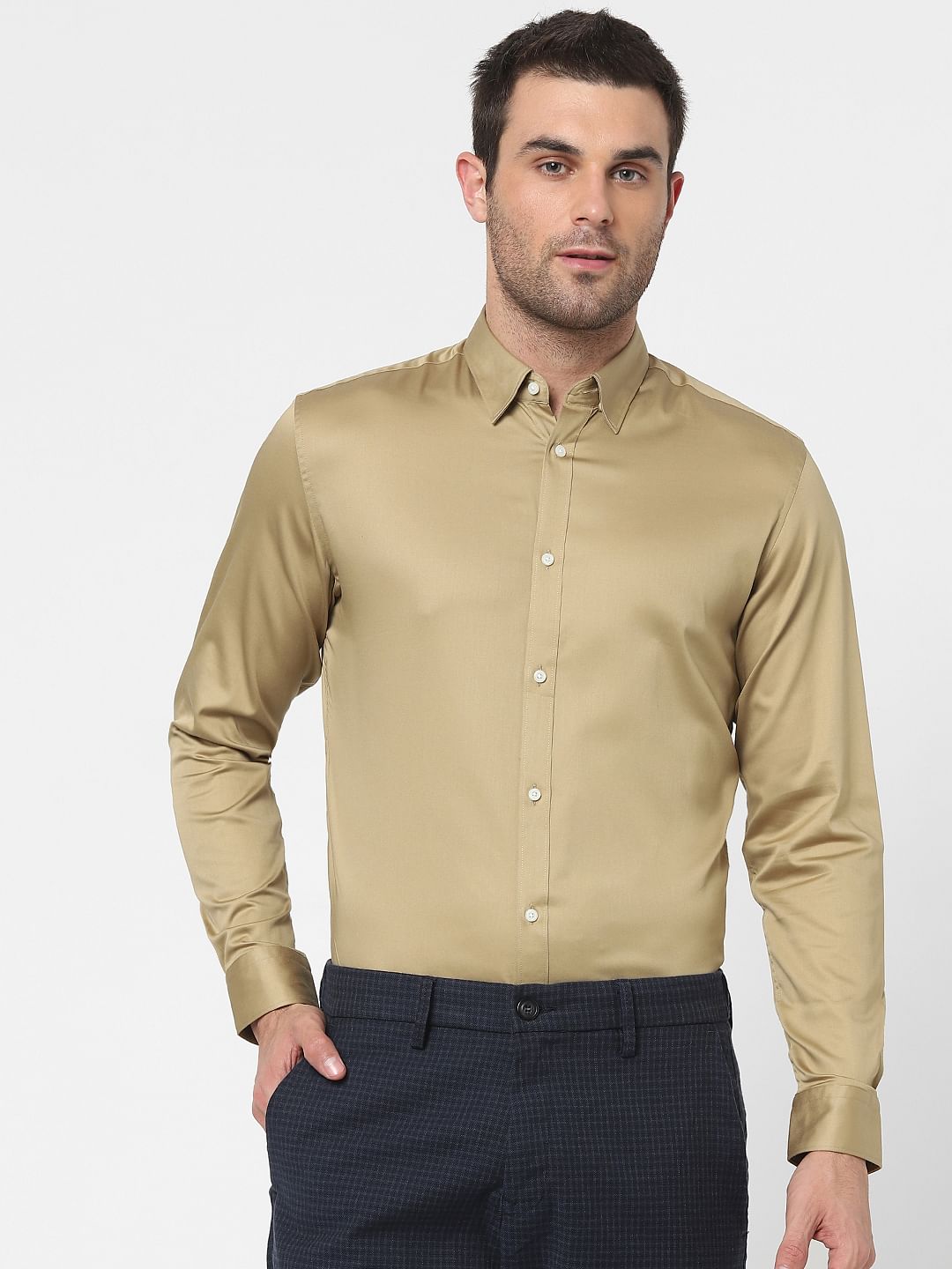 Beige Full Sleeves Slim Fit Shirt