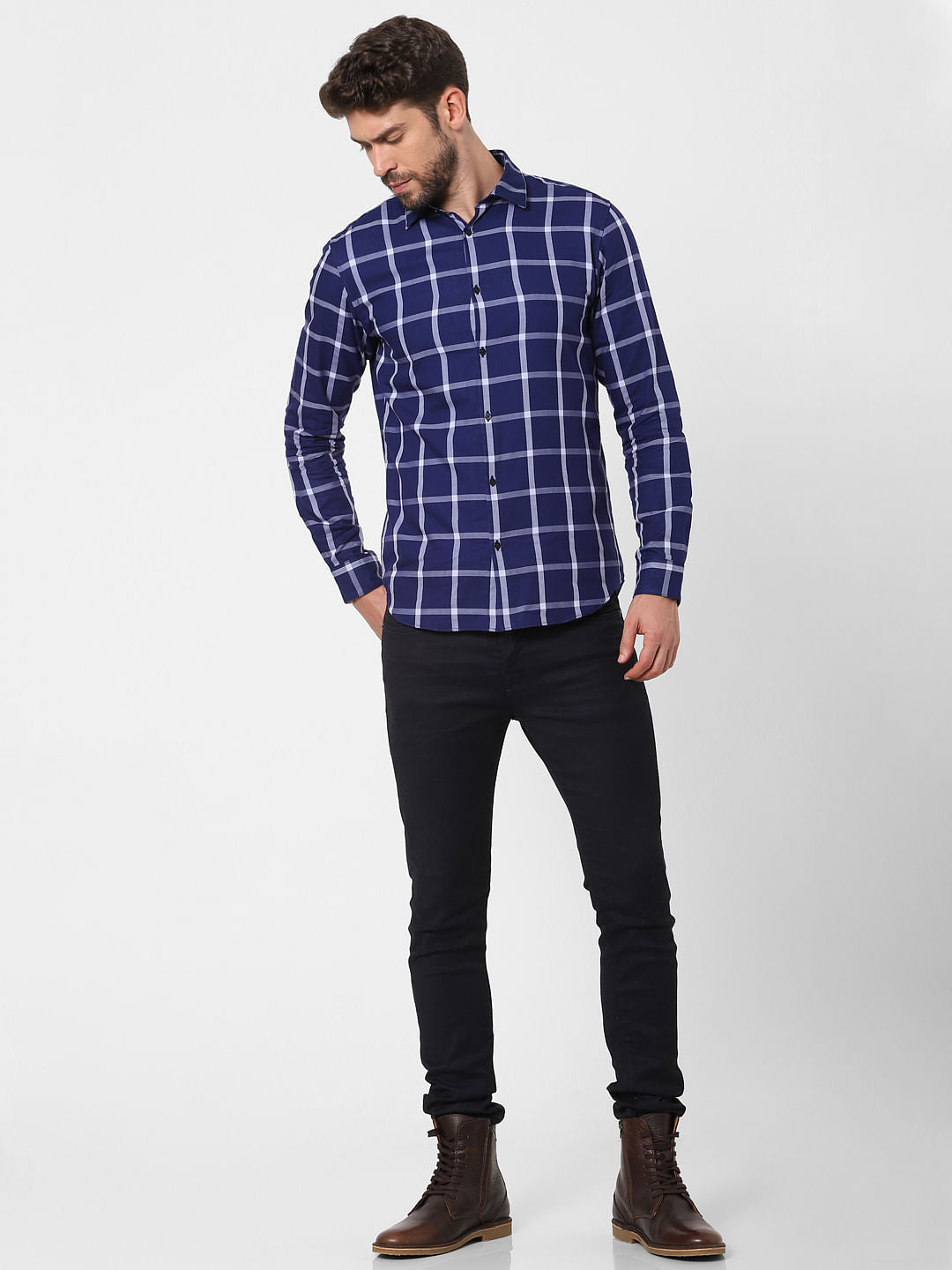 Dark Blue Check Full Sleeves Shirt
