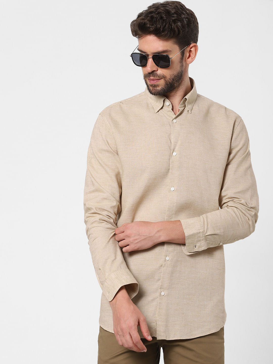 Beige Linen Blend Full Sleeves Shirt
