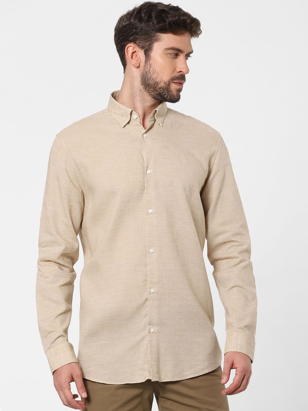 Beige Linen Blend Full Sleeves Shirt