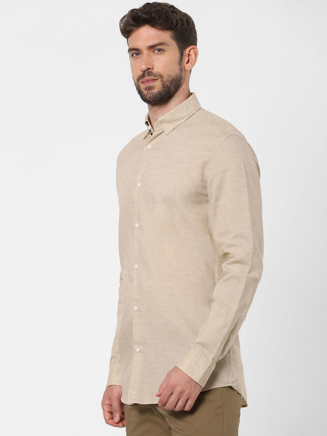 Beige Linen Blend Full Sleeves Shirt