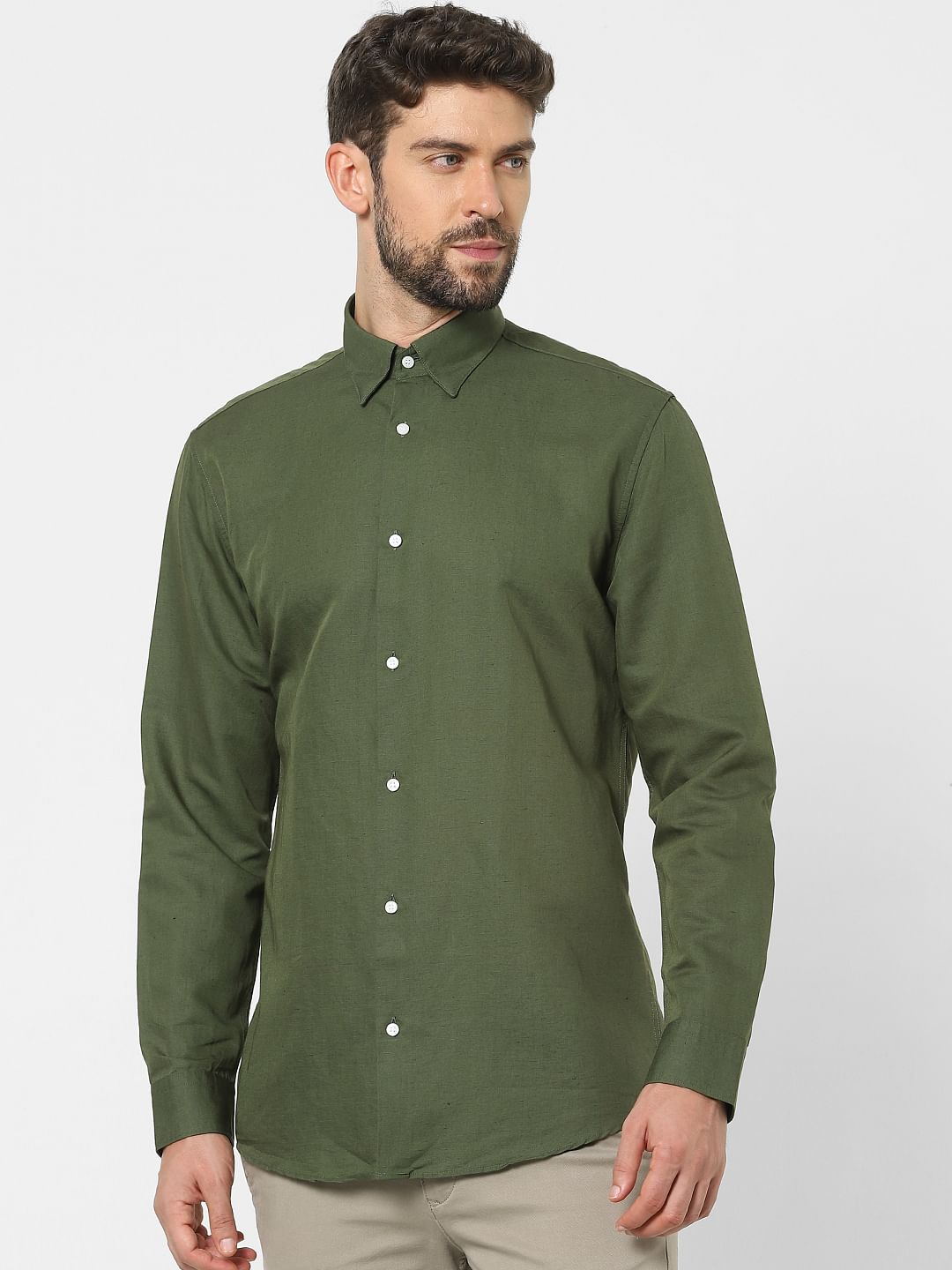 Green Linen Blend Full Sleeves Shirt