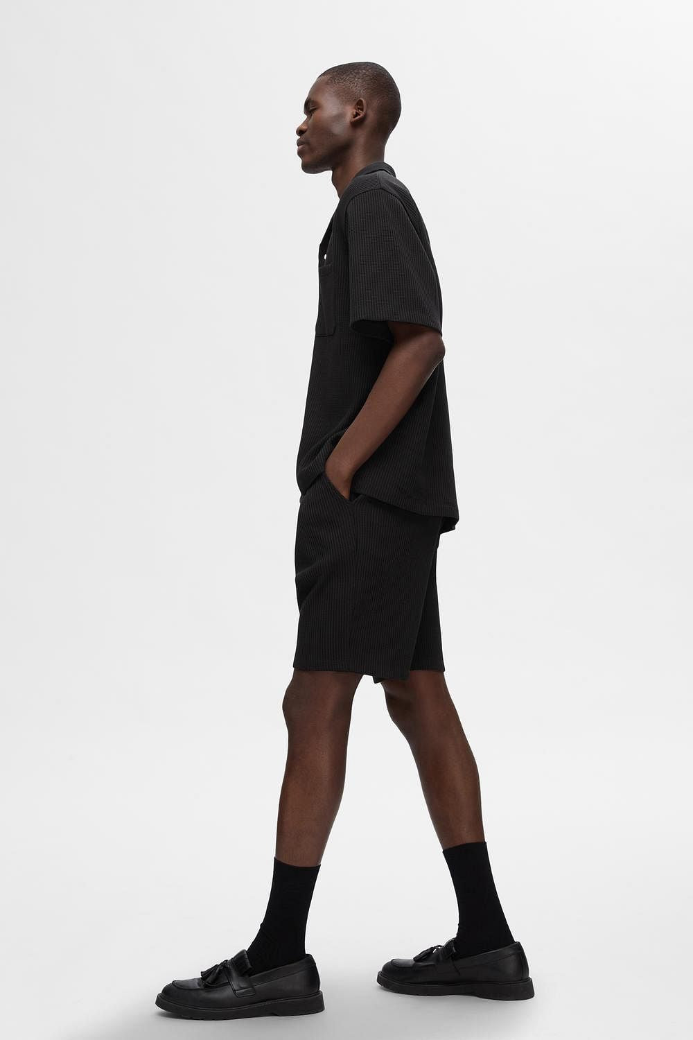 Black Waffle Textured Co-Ord Set Shorts