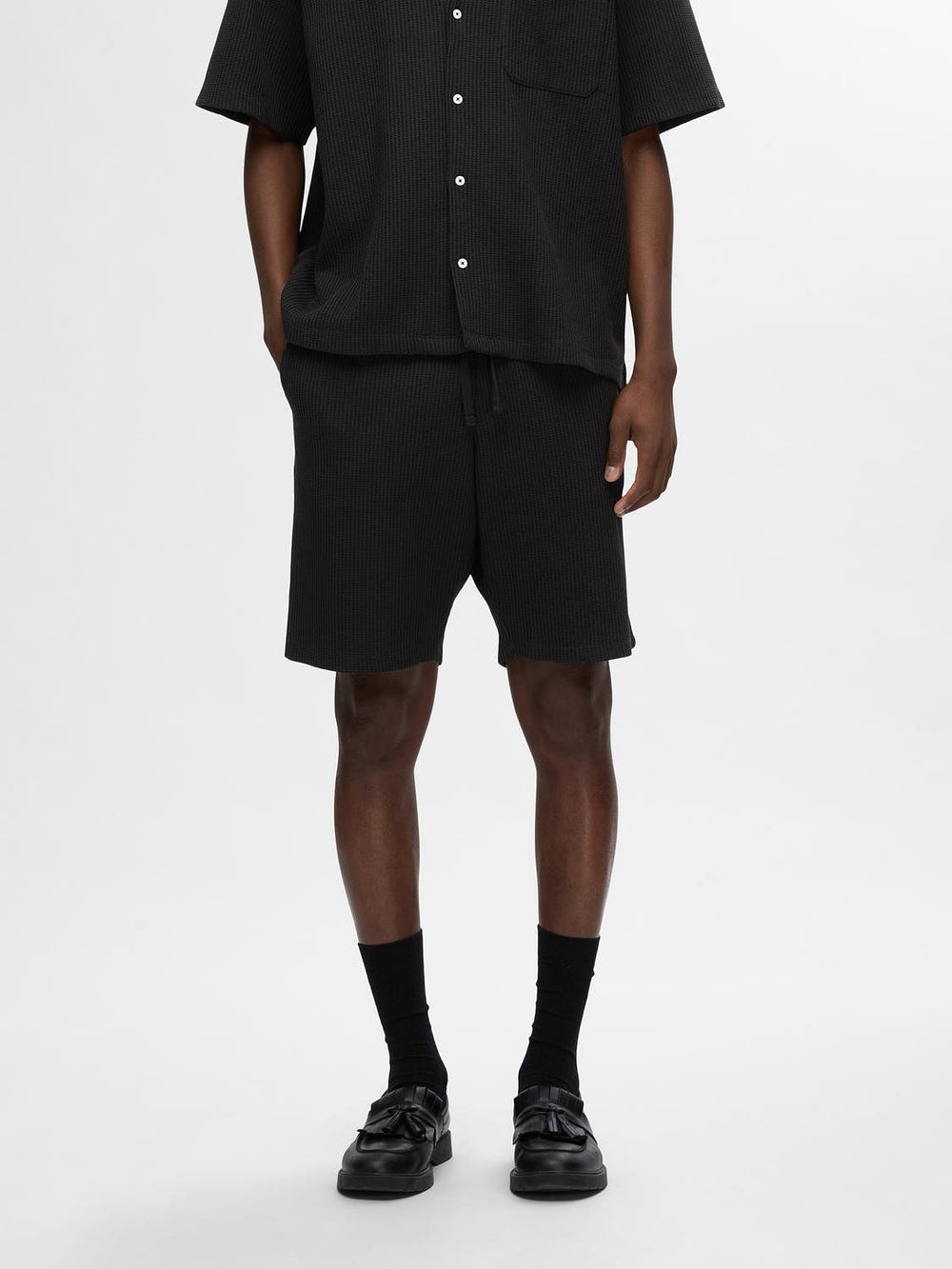 Black Waffle Textured Co-Ord Set Shorts