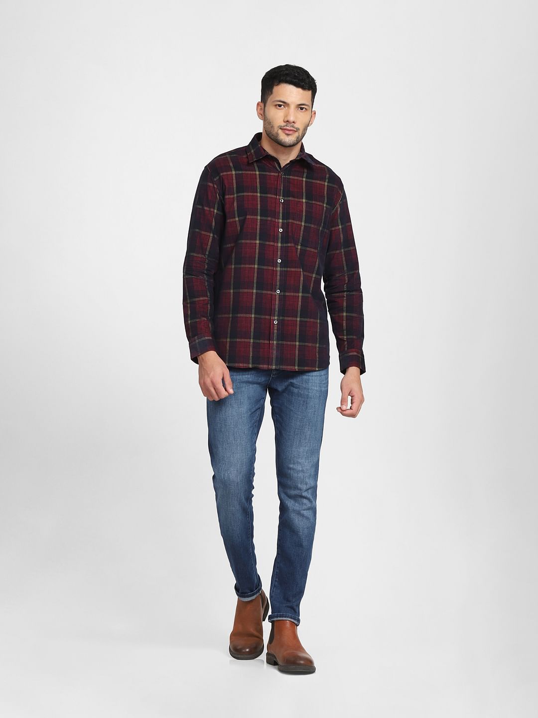 Dark Red Check Full Sleeves Shirt