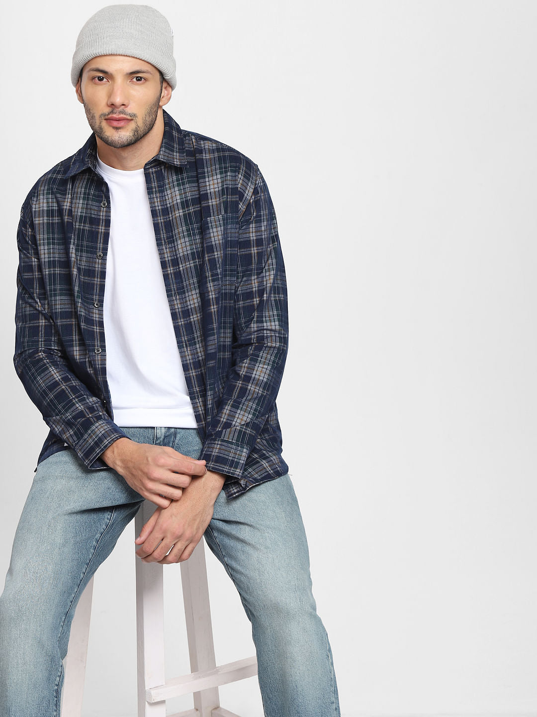 Navy Blue Check Full Sleeves Shirt