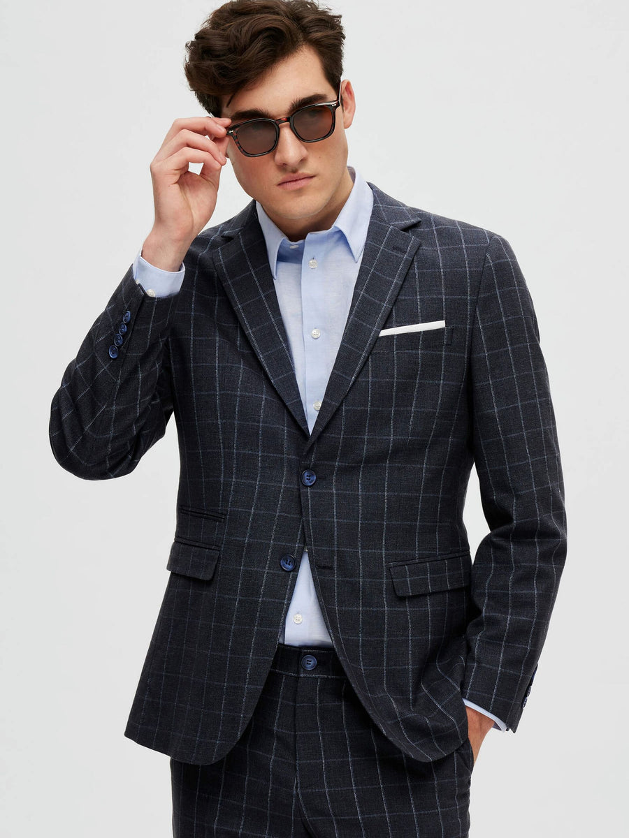 Navy Blue Linen Check Suit-Set Blazer