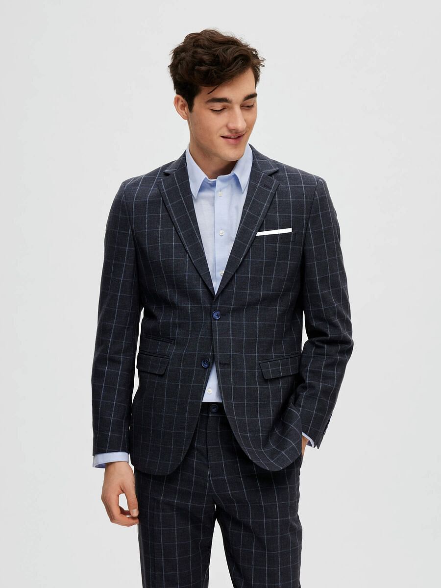 Navy Blue Linen Check Suit-Set Blazer