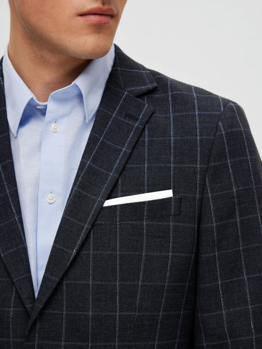 Navy Blue Linen Check Suit-Set Blazer