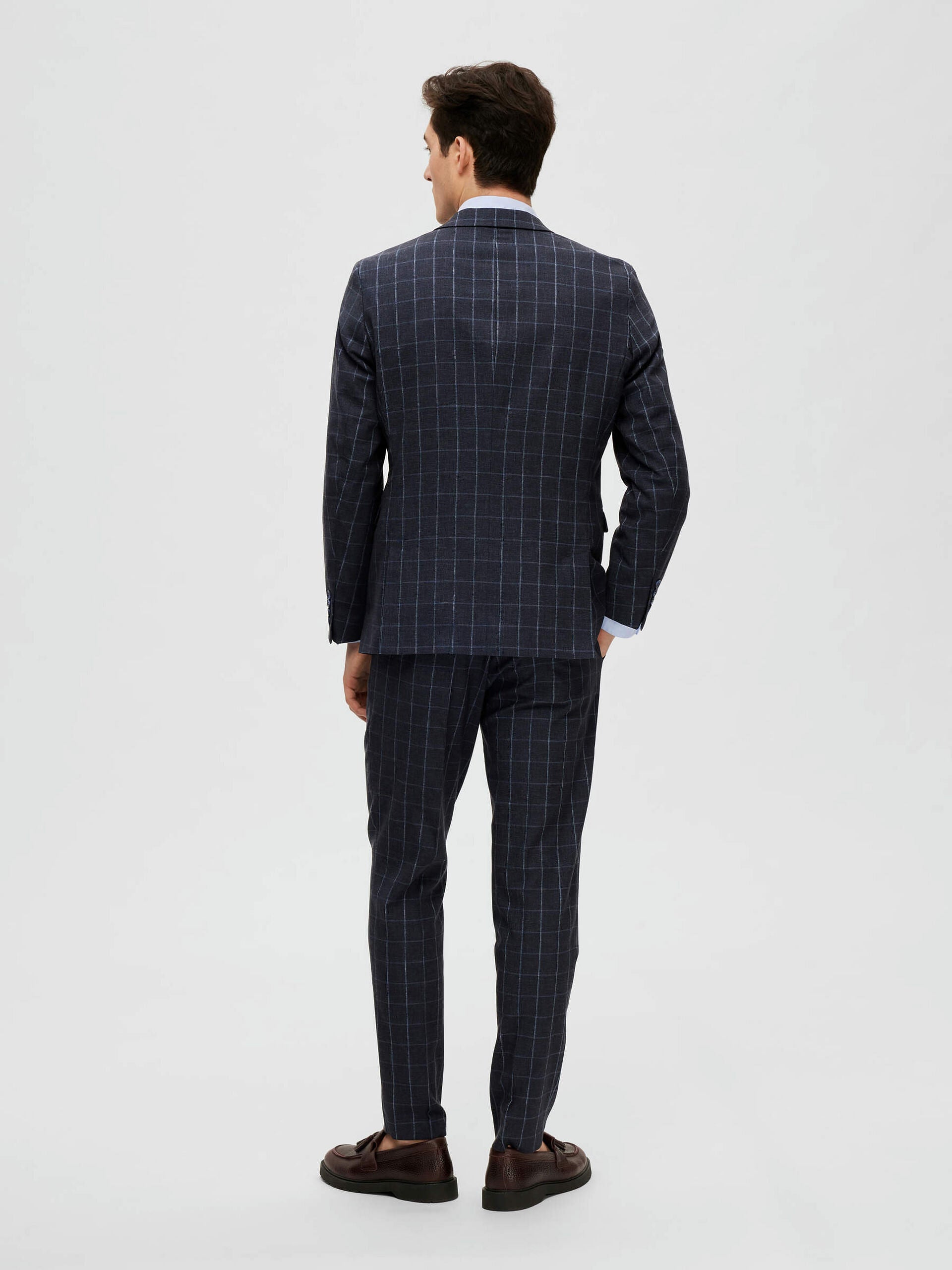 Navy Blue Linen Check Suit-Set Blazer