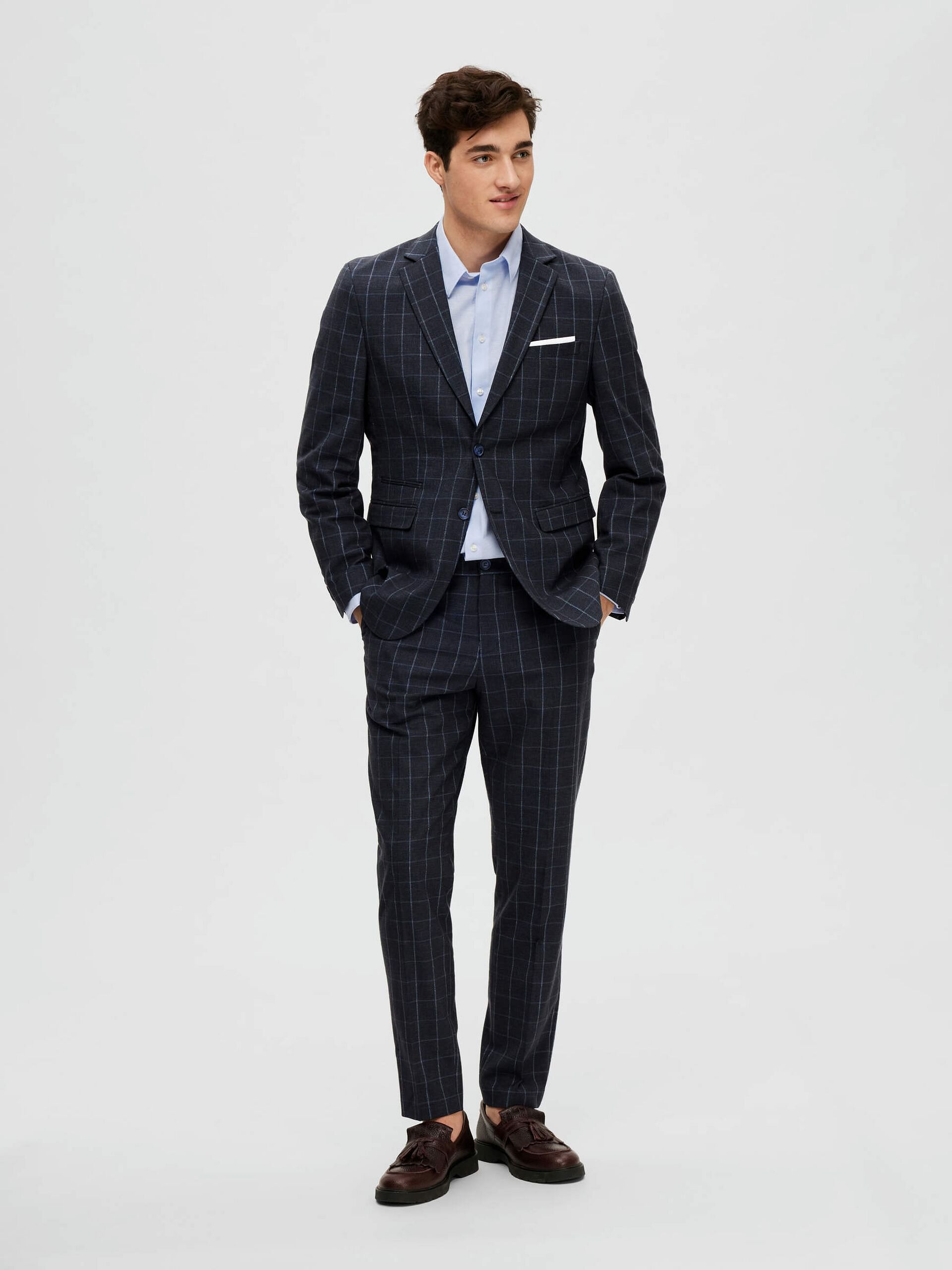 Navy Blue Linen Check Suit-Set Blazer
