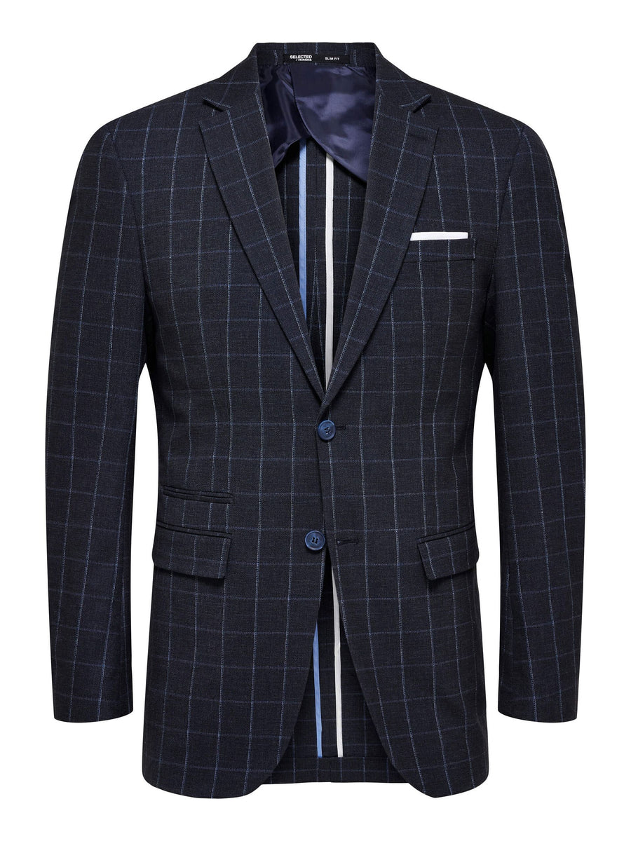 Navy Blue Linen Check Suit-Set Blazer