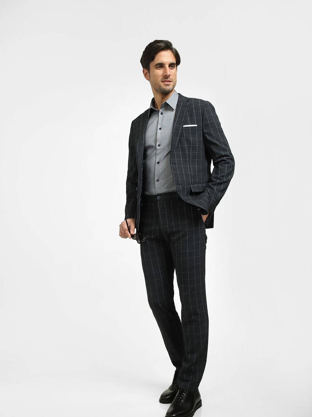 Navy Blue Linen Check Suit-Set Trousers