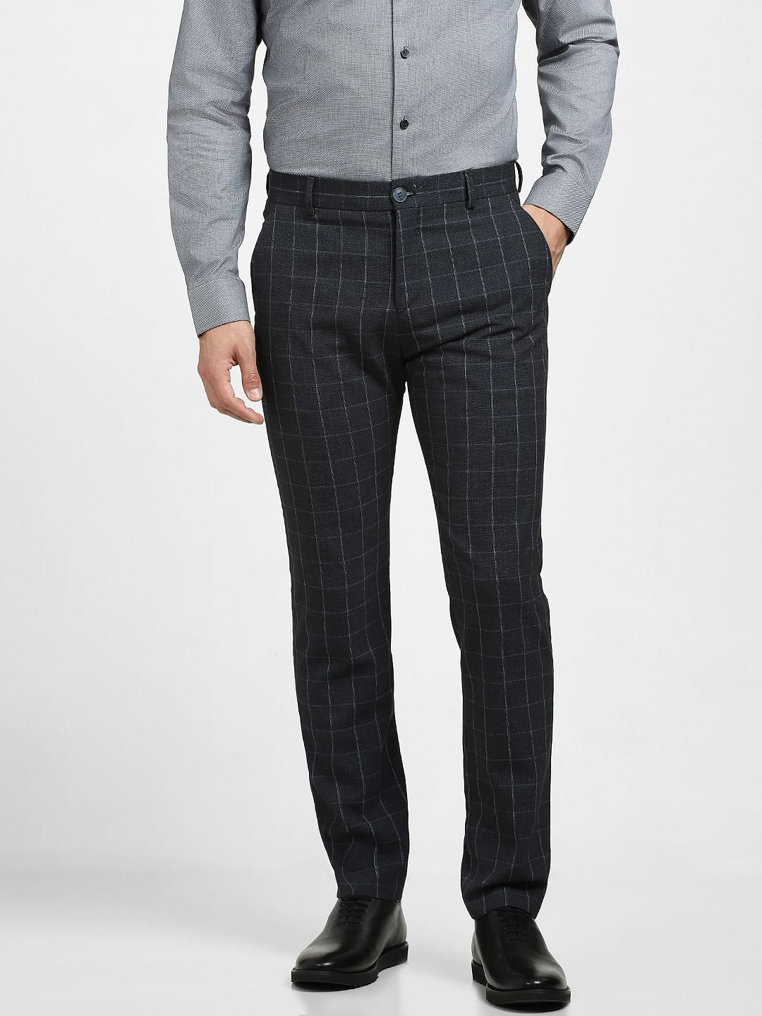 Navy Blue Linen Check Suit-Set Trousers