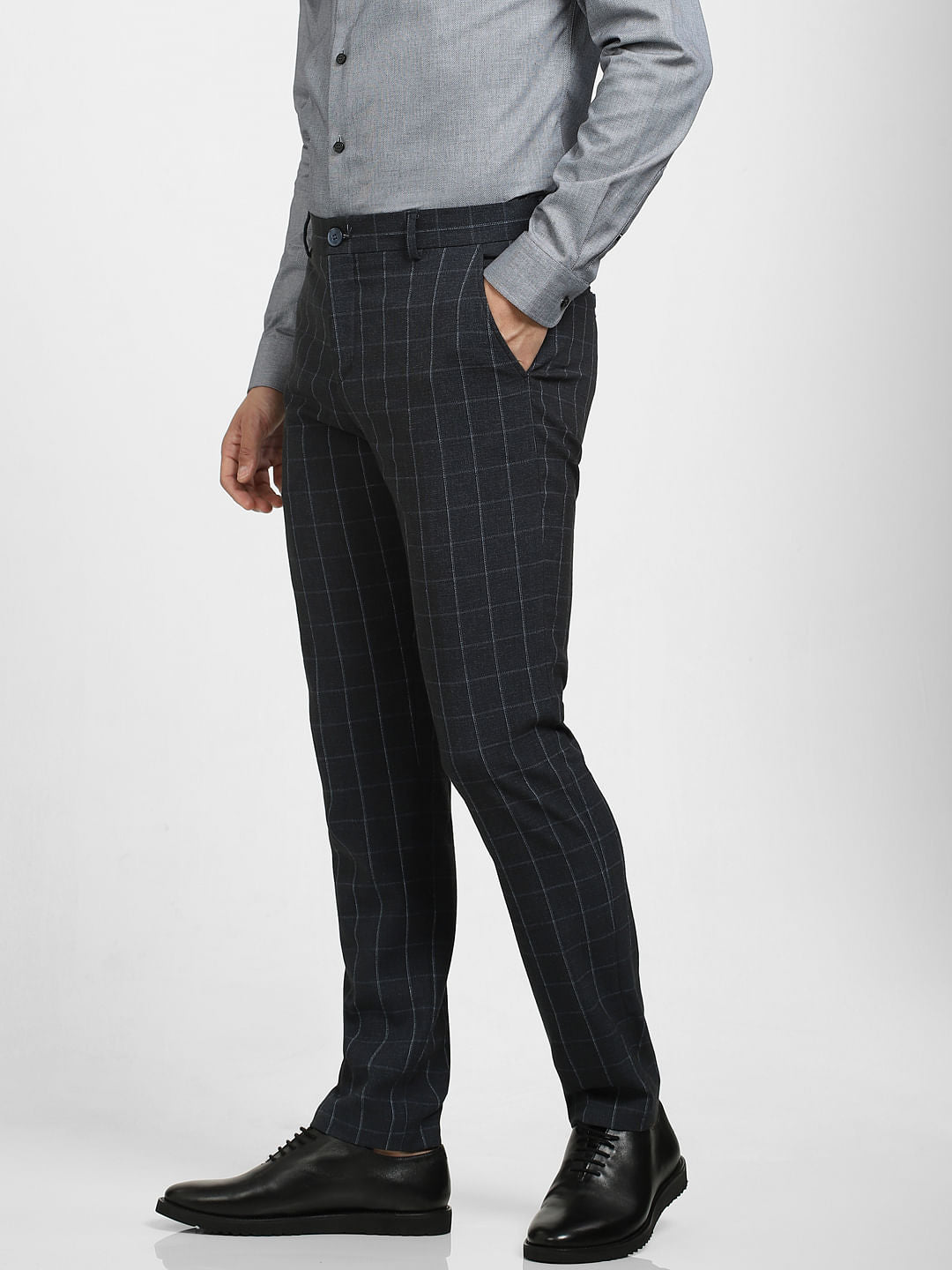 Navy Blue Linen Check Suit-Set Trousers