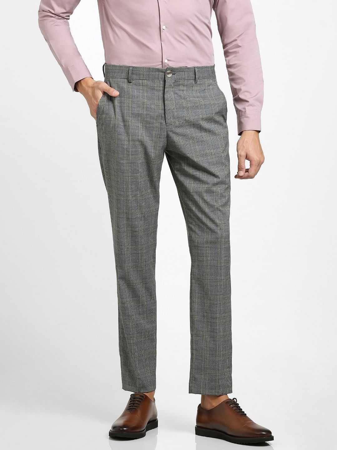 Grey Mid Rise Check Suit Trousers