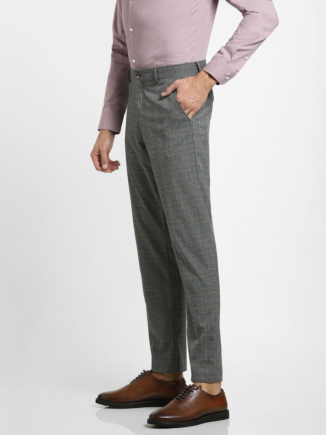 Grey Mid Rise Check Suit Trousers
