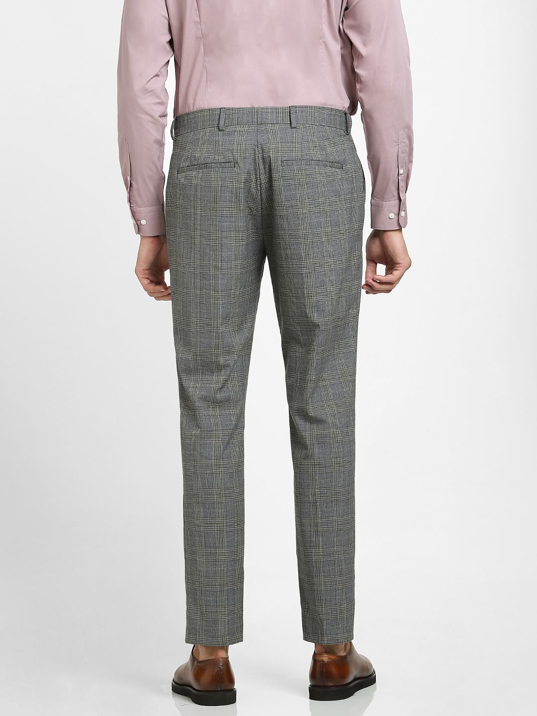 Grey Mid Rise Check Suit Trousers