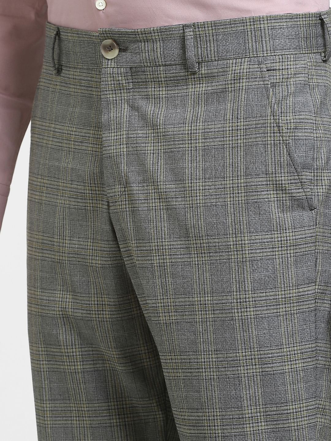 Grey Mid Rise Check Suit Trousers