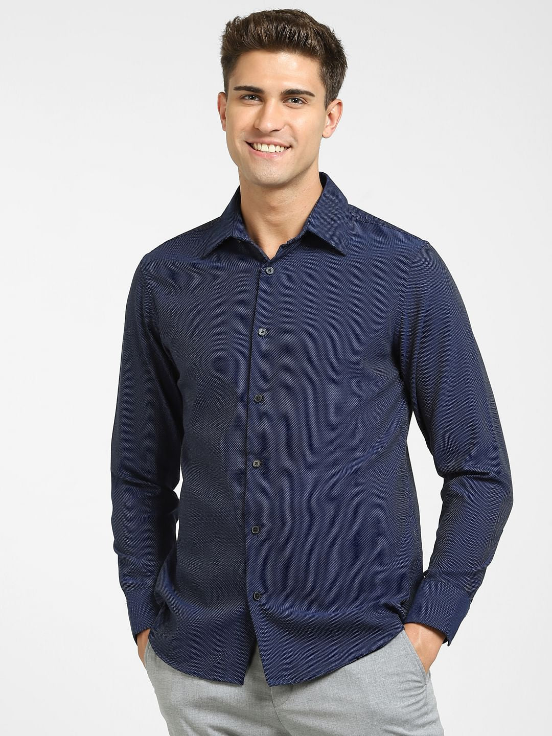Navy Blue Printed Full Sleeves Shirt