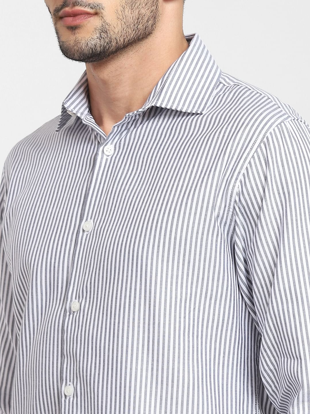 Navy Blue Striped Formal Full Sleeves Shirt