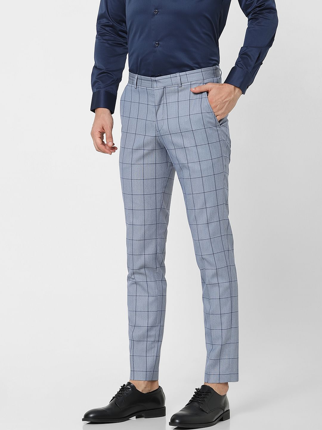 Light Blue Check Slim Fit Suit Trousers