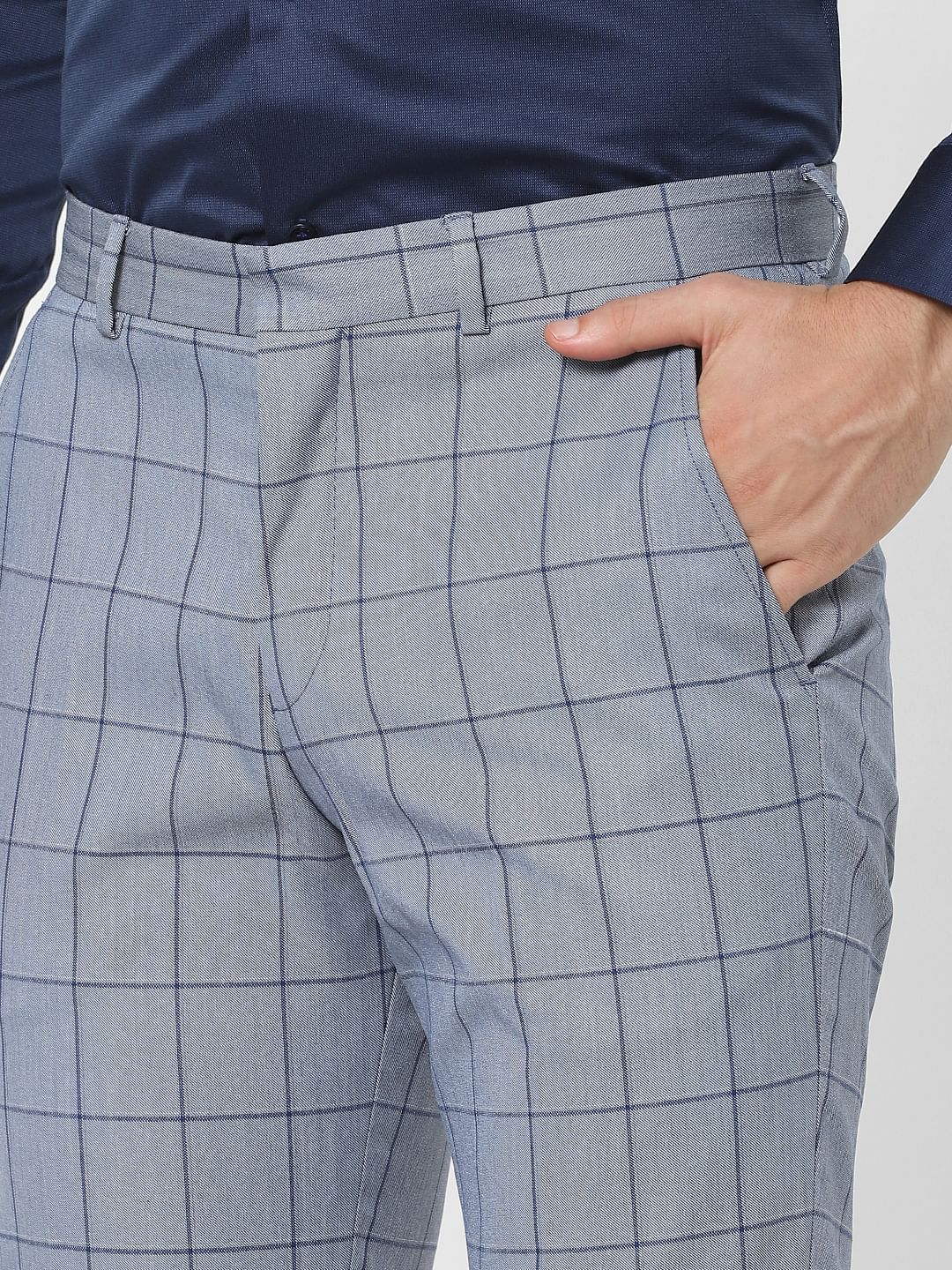 Light Blue Check Slim Fit Suit Trousers